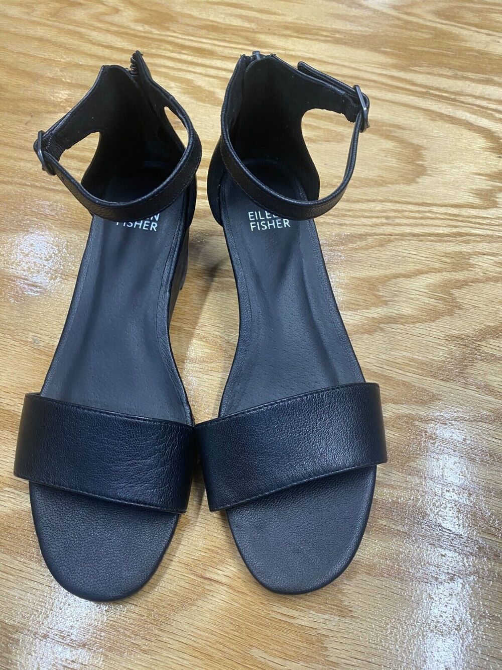 Eileen Fisher Mara Wedge Sandals Women 7.5 Black Leather Ankle Strap Back Zip S1